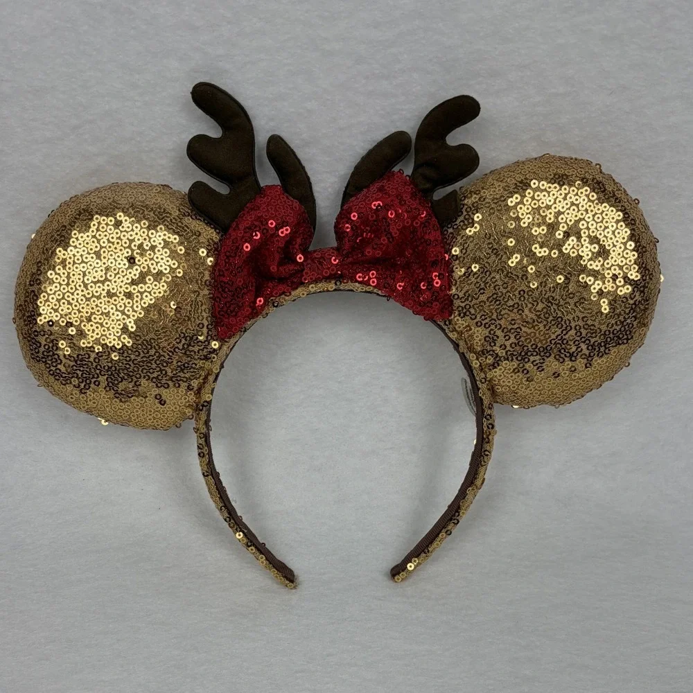 Disney Parks Minnie Mouse Reindeer Headband Gold Red Sequin Holiday Ears Antlers